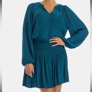 Current Air Teal Long-Sleeve Smocked Waist Dress